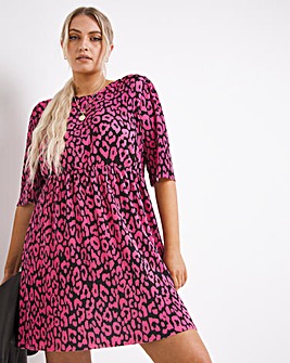 Pink Animal Print Plisse Smock Dress