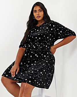 Black Velour Star Smock Dress With Pockets