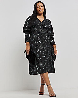 Foil Cosmic Print Wrap Midi Dress With Shirred Cuff