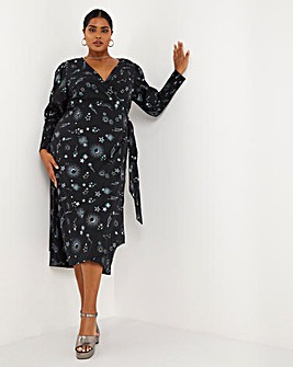 Foil Cosmic Print Wrap Midi Dress With Shirred Cuff