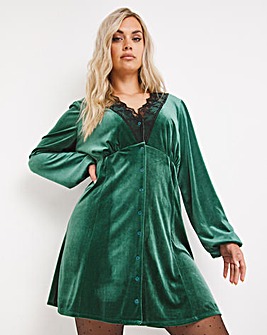 Green Lace Trim Velour Tea Dress
