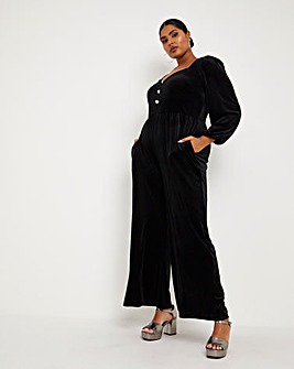 Black Velour Jumpsuit With Heart Buttons