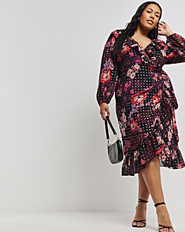 Floral Foil Printed Wrap Midi Dress