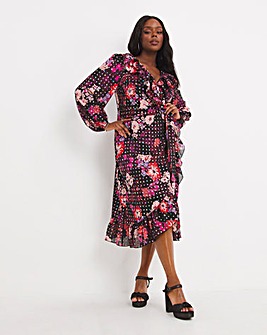 Floral Foil Printed Wrap Midi Dress With Frills