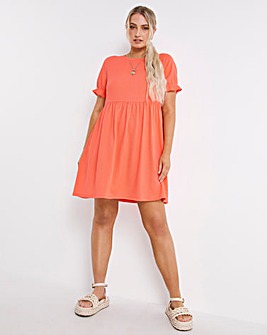 Coral Print Frill Sleeve Textured Jersey Smock Dress