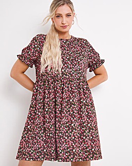 Pink Floral Print Frill Sleeve Textured Jersey Smock Dress