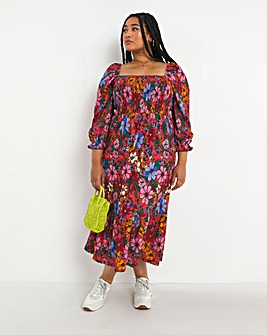 Laura Adlington Floral Print Shirred Frill Hem Textured Midi Dress
