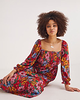 Floral Print Shirred Frill Hem Waffle Dress