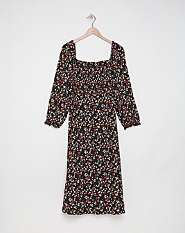 Ditsy Print Long Sleeve Shirred Midi Dress
