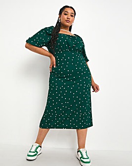 Laura Adlington Green Spot Long Sleeve Milkmaid Textured Jersey Midi Dress