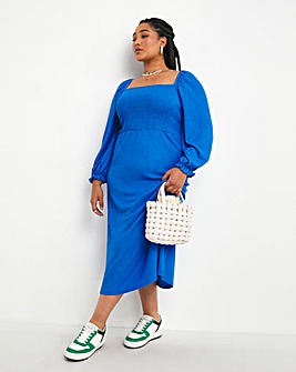Laura Adlington Blue Long Sleeve Shirred Textured Jersey Midi Dress