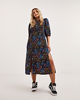 Mixed Print Shirred Front Split Waffle Midi Dress