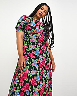 Floral Print Textured Jersey Puff Sleeve A Line Midi Dress
