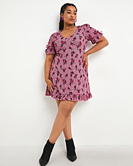 Laura Adlington Pink Floral Print Textured Jersey V Neck Ruffled Skater Dress