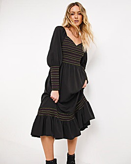 Black Shirred Detail Midi Dress
