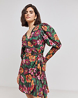 Floral Foil Print Shirred Cuff Sleeve Wrap Skater Dress