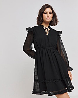 Black Tie Neck Dobby Dress With Frills