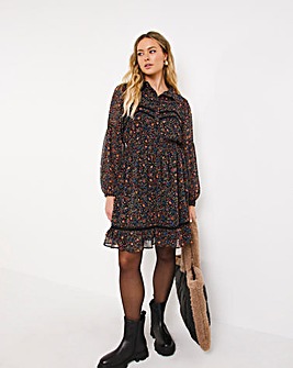 Ditsy Floral Georgette Shirt Dress With Ladder Trim