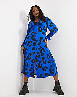 Blue Animal Print Ruched Front Midi Dress