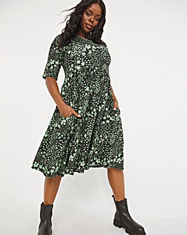 Green Print Half Sleeve Supersoft Jersey Pocket Midi Dress