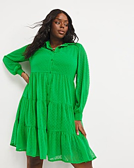 Green Dobby Button Through Smock Dress