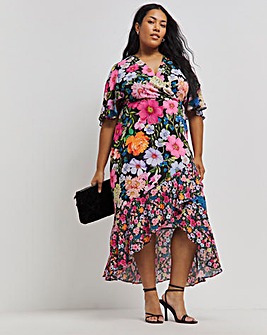 Black Mixed Floral Print Wrap Midi Dress