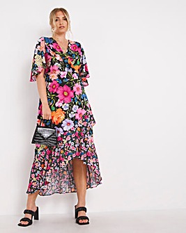 Black Mixed Floral Print Wrap Midi Dress