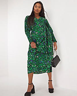 Green Print Shirred Cuff Midi Wrap Dress