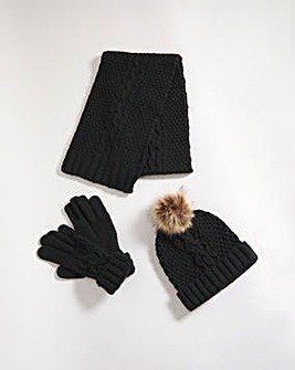 Black Knit Scarf Beanie & Glove Set