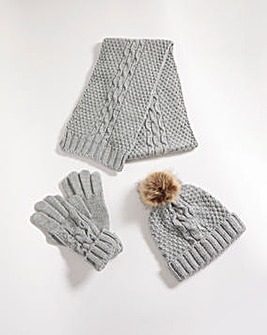 Grey Knit Scarf Beanie & Hand Warmer Set