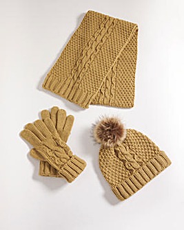 Camel Knit Scarf Beanie & Glove Set