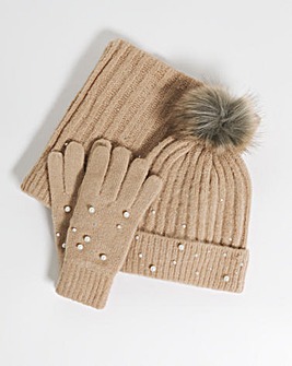 Camel Embellished Hat Scarf & Glove Set