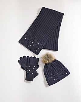 Navy Embellished Hat Scarf & Glove Set