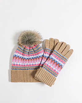 Camel Fairisle Bobble Hat & Glove Set