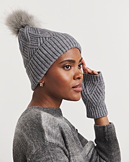 Grey Bobble Hat & Handwarmer Set