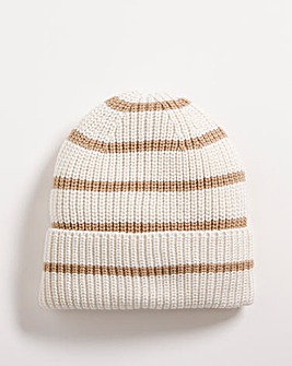 Cream Stripe Chunky Knit Beanie