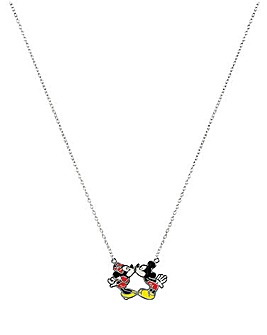 Disney Sterling Silver Enamel Kissing Mickey and Minnie Mouse Necklace