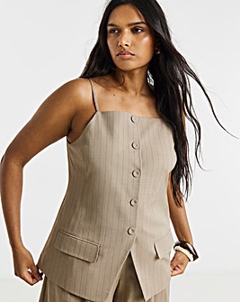 Taupe Stripe Longline Square Neck Waistcoat