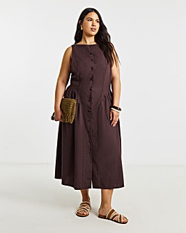 Chocolate Linen Boat Neck Button Through Midi Dress