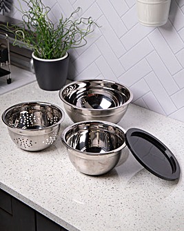 MasterClass Smart Space Stainless Steel 3pc Mixing Bowl and Colander Set