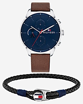 Tommy Hilfiger Mens Leather Watch & Bracelet Set