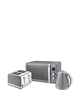 Swan Retro Grey Kettle, 4 Slice Toaster and Microwave Bundle