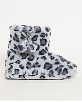 Leopard Print Pom Pom Bootee Extra Wide EEE Fit