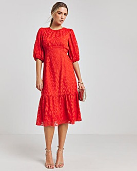 Joanna Hope Coral Burnout Bubble Sleeve Dress