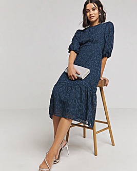 Joanna Hope Navy Burnout Bubble Sleeve Midi Dress