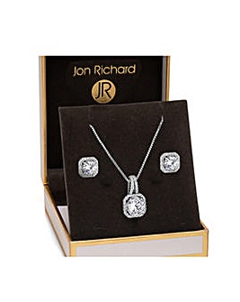 Jon Richard Silver Plated Clear Crystal Drop Pendant & Earring Set - Gift Boxed