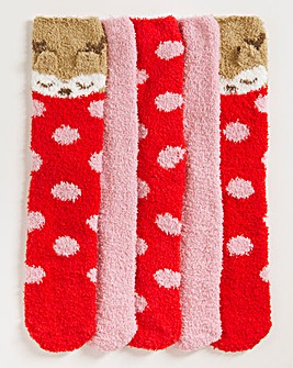 5 Pair Pack Christmas Reindeer Fluffy Socks