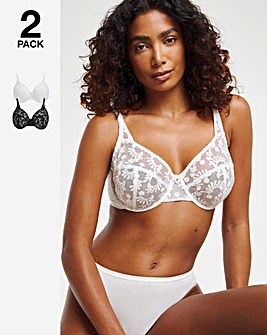 Pretty Serets Lesley 2 Pack Everyday Full Cup Embroidered Bras B-F - Black/White