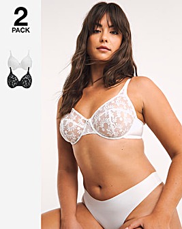 Lesley 2 Pack Everyday Full Cup Embroidered Bras B-F - Black/White