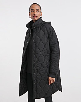 Black Quilt Collar Mid Length Jacket